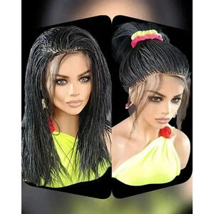 Micro Braids Lace Closure Wig in Jet Black Handcrafted, Lightweight. Yassine.